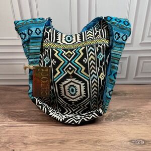 Catori Southwestern Tribal Print Boho Tapestry Shoulder Bag Teal Black White